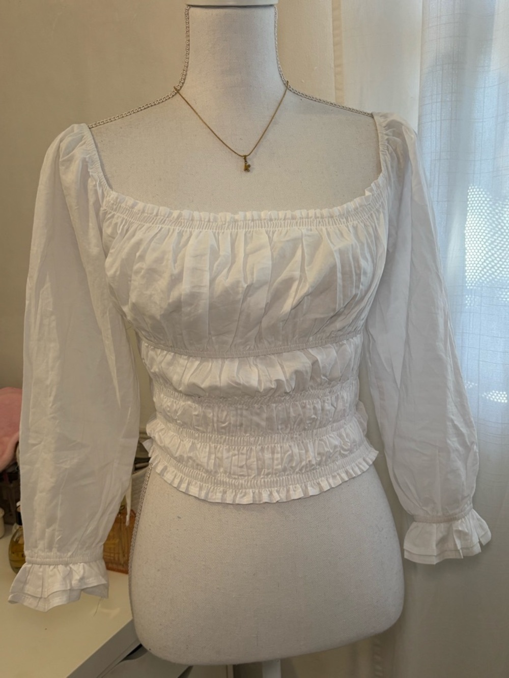 SHEIN White Square-Neck Smocked Peasant Blouse
